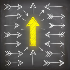 Yellow Arrow Stands Out on Chalkboard - Leadership Concept