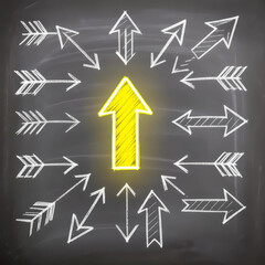 Yellow Arrow Stands Out on Chalkboard - Leadership Concept