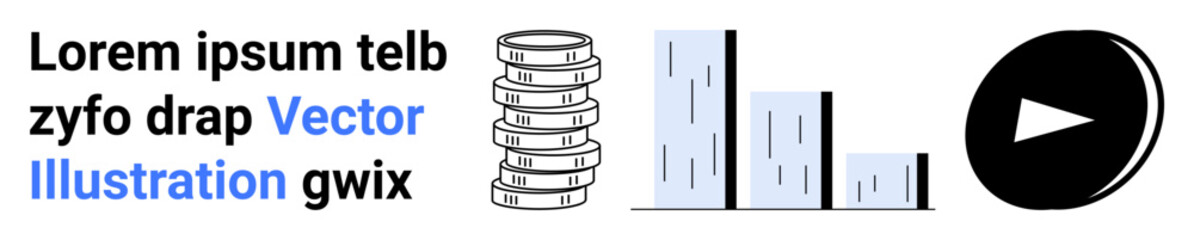 Stack of coins, bar chart, and play button symbol. Ideal for economics, finance, digital media, growth strategy, data visualization, technology and simple landing page