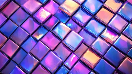 Abstract pattern of iridescent glass tiles in blue, purple, and orange tones, reflecting vibrant light and creating a geometric background.