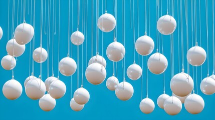 Expansive Blue Sky Filled with Puffy White Clouds and Hanging Orbs