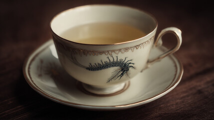 A teacup and saucer with a centipede design filled with tea on a dark wooden surface in soft lighting