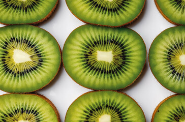 Fototapeta premium Close-up of sliced kiwi fruit arranged in a pattern, showcasing vibrant green flesh and black seeds against a white background.