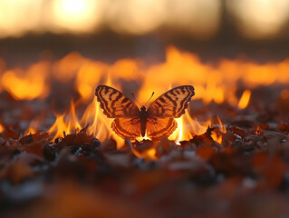 Butterfly silhouette amidst burning autumn leaves flames illuminate wings