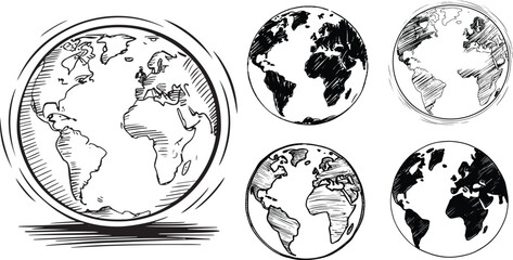 Black and White Hand-Drawn Earth Globe Sketch Collection