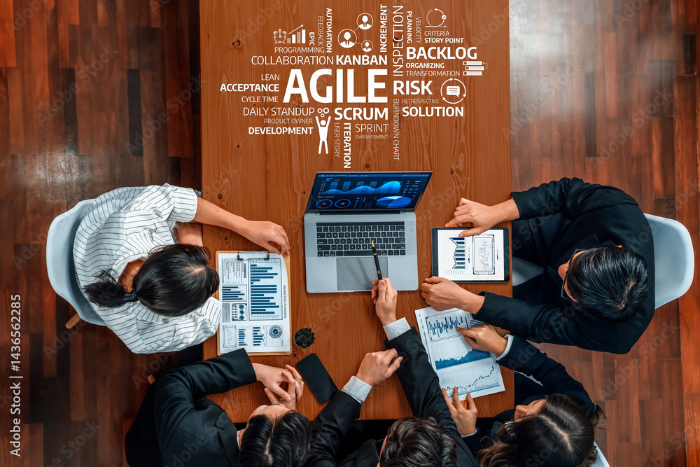 Poster a dynamic meeting scene showcasing a team engaged in agile practices, utilizing digital devices and 