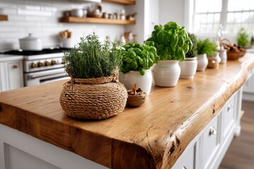 Fresh herbs arranged on a wooden kitchen countertop in a bright, modern home during daylight hours