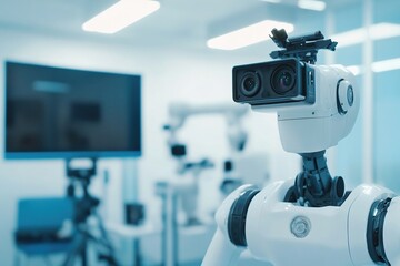 Fototapeta premium Photo of a robot with an AI camera filming outs