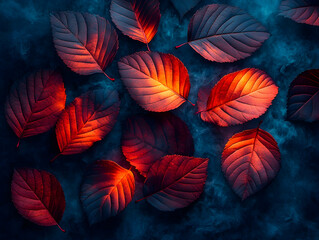 Glowing red and dark leaves against a smoky blue backdrop  Autumnal colors