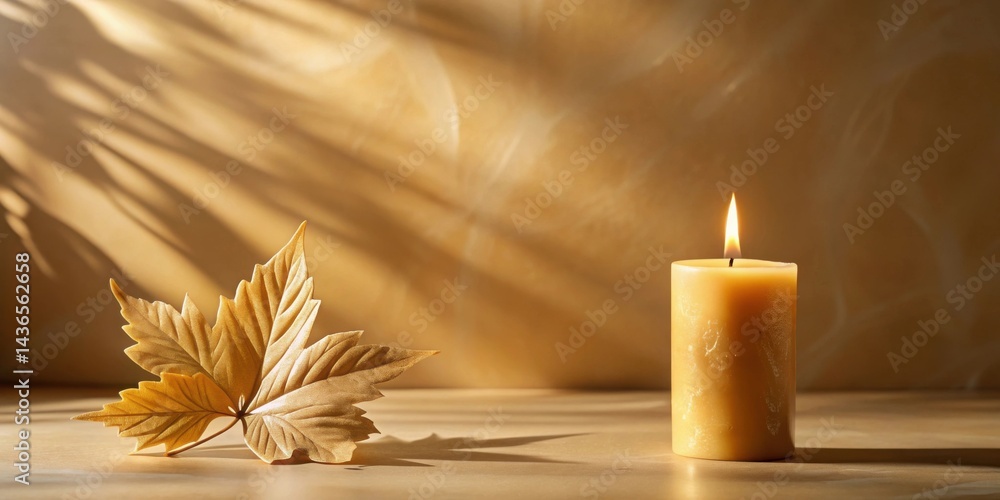 Poster serene autumnal scene with a burning candle and golden leaf illuminated by soft light