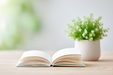 clean scene depicts open book pens and potted plant atop minimalist wooden desk with abundant natural light pouring