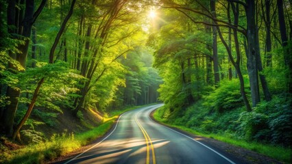 Obraz premium Sunlit Pathway Through Lush Green Canopy, Winding Road Beckons Into Serene Forest Landscape
