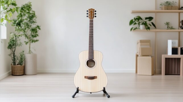 Acoustic guitar, light wood finish, on stand.  Modern, minimalist interior setting, simple design