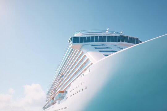 close-up of modern cruise ship docked at port showcasing sleek design lines and vibrant white hull against clear blue