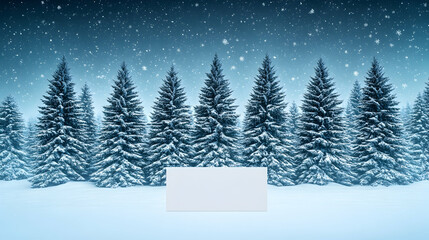 Obraz premium Snowy winter scene with evergreen trees and blank sign (1)