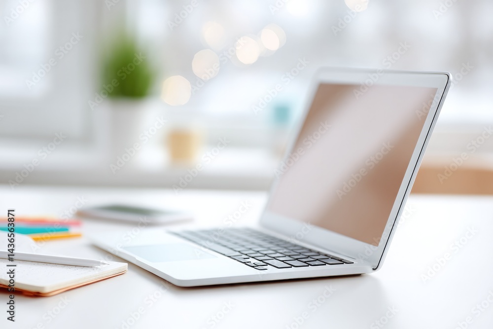 Poster laptop on desk with open notepad background blurred showing people and ample copy space