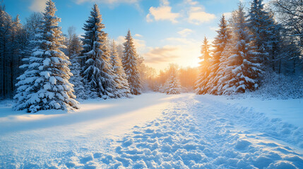 Sunlit snowy path winds through a winter forest snow-covered evergreens line the trail