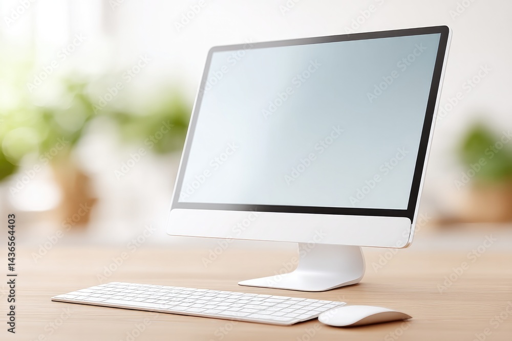 Poster minimalist blogging workspace with sleek keyboard and digital screen in focus people softly blurred 