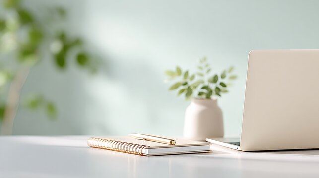 minimalist desk setup with laptop notebook and pen bathed in natural light