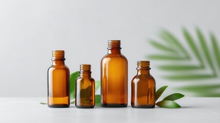 minimalist kitchen countertop with natural cleaning products in amber glass bottles surrounded by green leaves