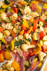 Close up of Roasted Vegetable Salad with Fresh Herbs and Sprouts