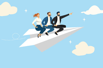Team winning business achievement, teamwork working together, company direction, leadership strategy, motivation, aspirations concept, manager lead business people employee on paper airplane origami.