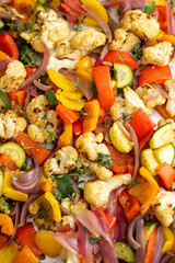 Close up of Roasted Vegetable Salad with Fresh Herbs and Sprouts