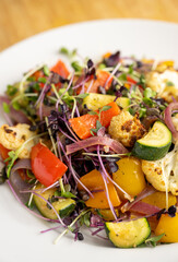 Close up of Roasted Vegetable Salad with Fresh Herbs and Sprouts