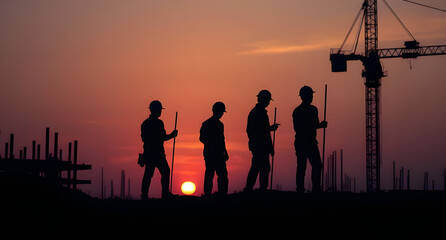 Silhouette of hardworking men on construction site at sunset