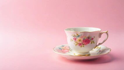 A Delicate Floral Teacup and Saucer Resting on a Soft Pink Background