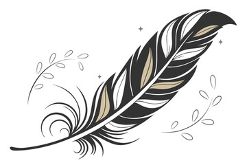 Obraz premium 90 Elegant curved feather, black and gold gradient, minimalist design, delicate leaf motif, artistic quill, white background, shadow detail, sleek modern illustration, botanical inspiration, sophistic