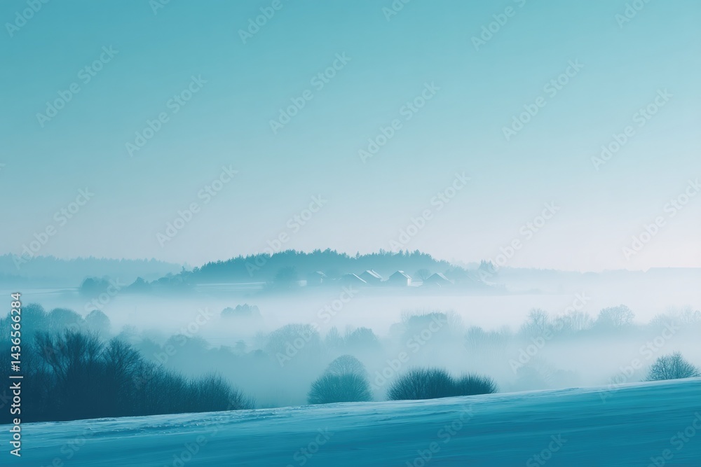 Poster minimalistic scene with soft swirling mist enveloping landscape fading into distance