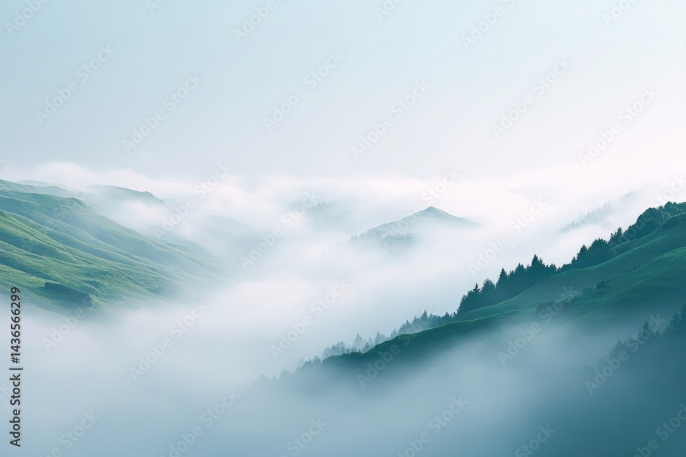 Poster minimalistic scene with soft swirling mist enveloping landscape fading into distance