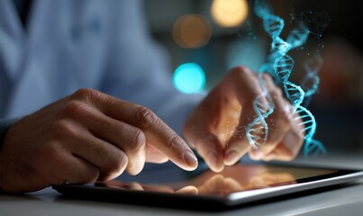 A scientist interacts with a digital DNA sequence on a tablet