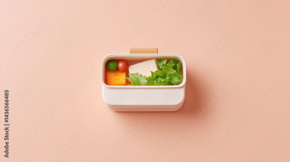 Poster minimalistic top-down shot of lunchbox positioned on clean solid background with 70 ample copy space