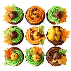 Autumn decoration, decorated with leaves, pumpkins and acorns on top of a chocolate cupcake base, on a transparent backgrounds