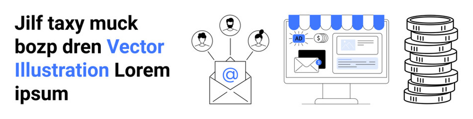 Envelope with user icons, online storefront webpage, and stack of coins for marketing, e-commerce, networking, communication, online shopping, data management, and a simple landing page