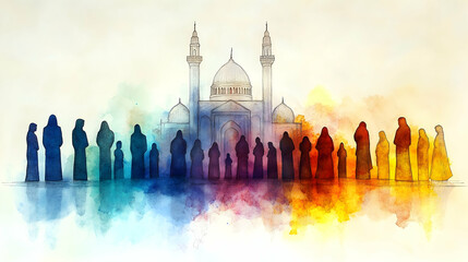 Fototapeta premium Colorful silhouettes of people stand before a mosque reflected in water