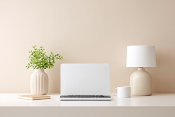 Fototapeta premium modern home office desk with sleek laptop and stylish notebook minimalistic decor copy space