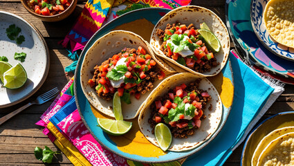 Mexican tacos with salsa served on a colorful plate with lime and fresh ingredients

