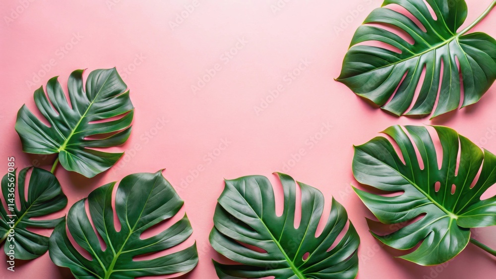 Fototapete Vibrant Green Tropical Leaves Arranged on a Soft Pink Background, Creating a Lush and Eye-Catching Composition Ideal for Design Projects and Creative Applications