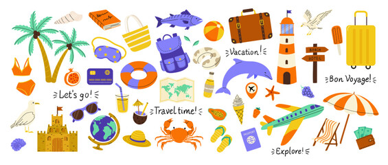 Vacation essentials for summer trips and seaside adventures filled with fun illustrations