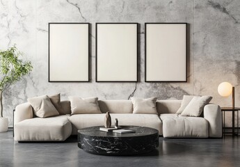 Modern Living Room with Beige Sectional Sofa and Minimalist Decor