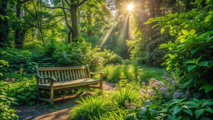 Serene woodland park bench bathed in the golden hour sunlight, surrounded by lush green foliage and vibrant wildflowers, offering a tranquil escape in nature's embrace.