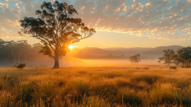 Golden sunrise over a peaceful meadow with a solitary tree, misty fields, and soft clouds, creating a serene and natural countryside atmosphere.
