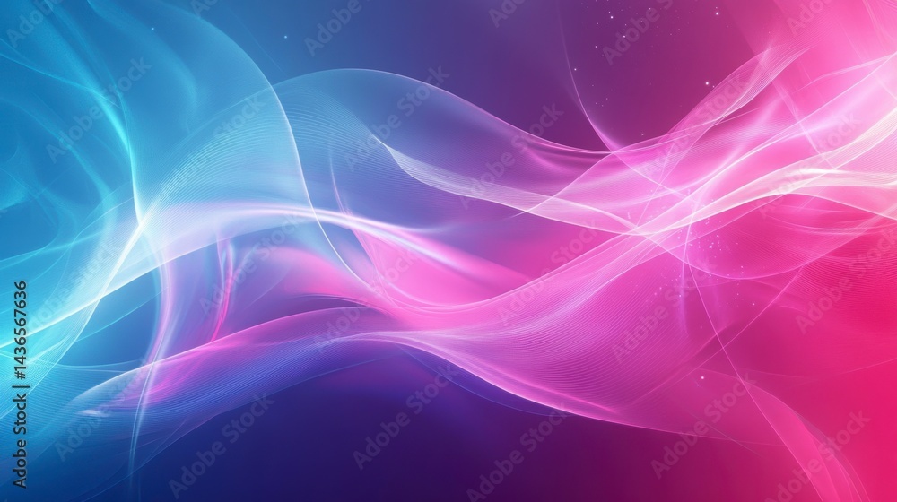 Poster abstract background with flowing pink and blue light waves and particles.