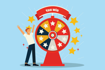Happy smiling man winning prize. Spinning wheel of fortune with red and white sectors and stars. Lucky roulette vector illustration. Gambling game concept