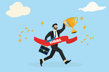 Success winning businessman, achievement, succeed performance or business victory, career success, goal or target accomplishment concept, success businessman running reach finish line with trophy