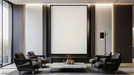 Fototapeta premium Modern Minimalist Living Room with Dark Wood and Black Leather Armchairs