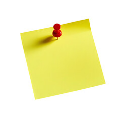 Yellow sticky note, red pushpin, blank memo, isolated on transparent background